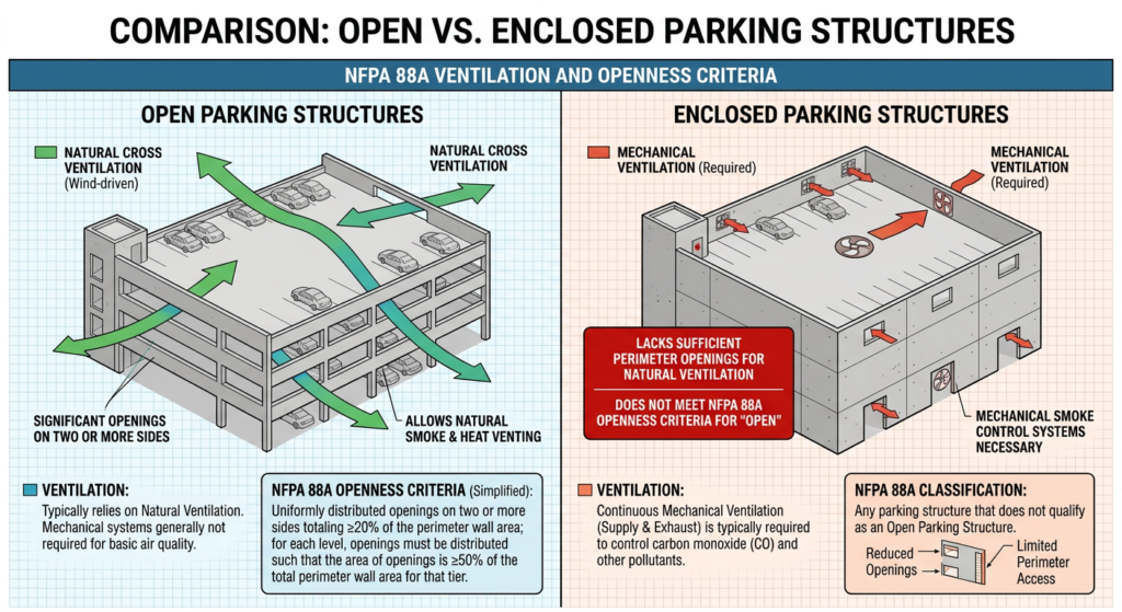 Diagram showing NFPA 88A openness criteria for open and enclosed parking structures