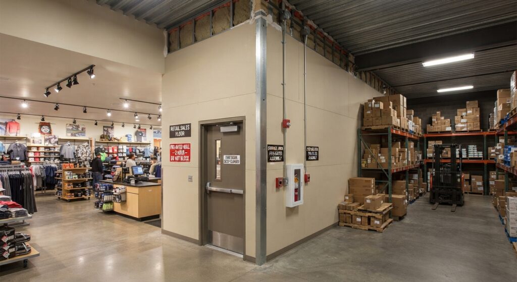 Fire-rated separation wall between a retail space and a storage area