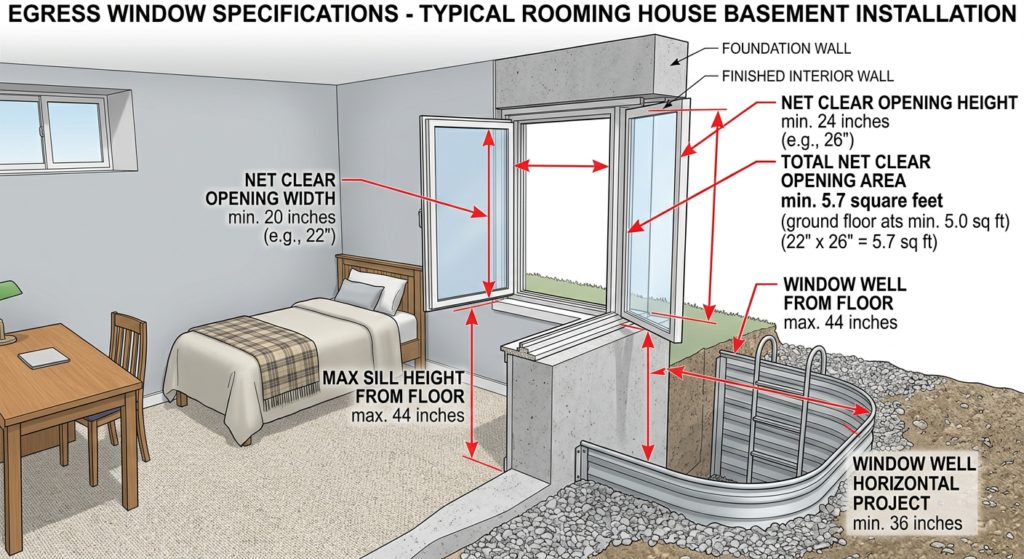 Egress window in a rooming house with clear opening measurements marked
