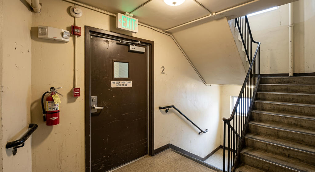 Enclosed stairwell in a rooming house with self-closing fire-rated doors