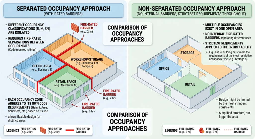 Diagram comparing separated and non-separated occupancy approaches in mixed-use buildings
