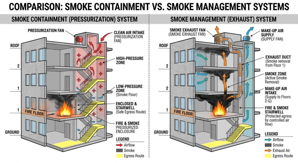 Diagram comparing smoke containment pressurization and smoke management exhaust systems