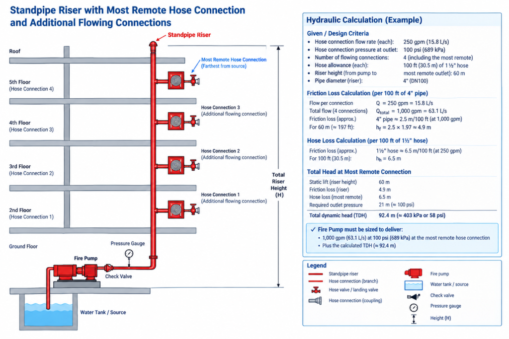 Hydraulic calculation diagram for standpipe system showing most remote hose connection