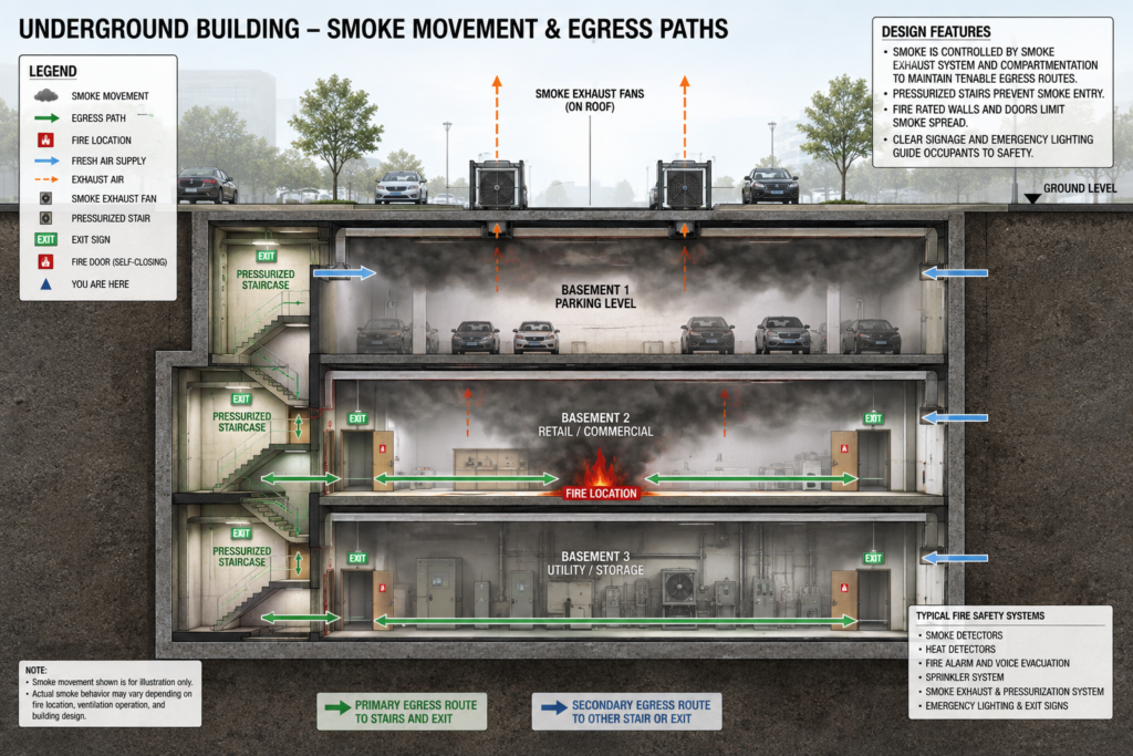 Cross-section showing smoke movement in an underground building