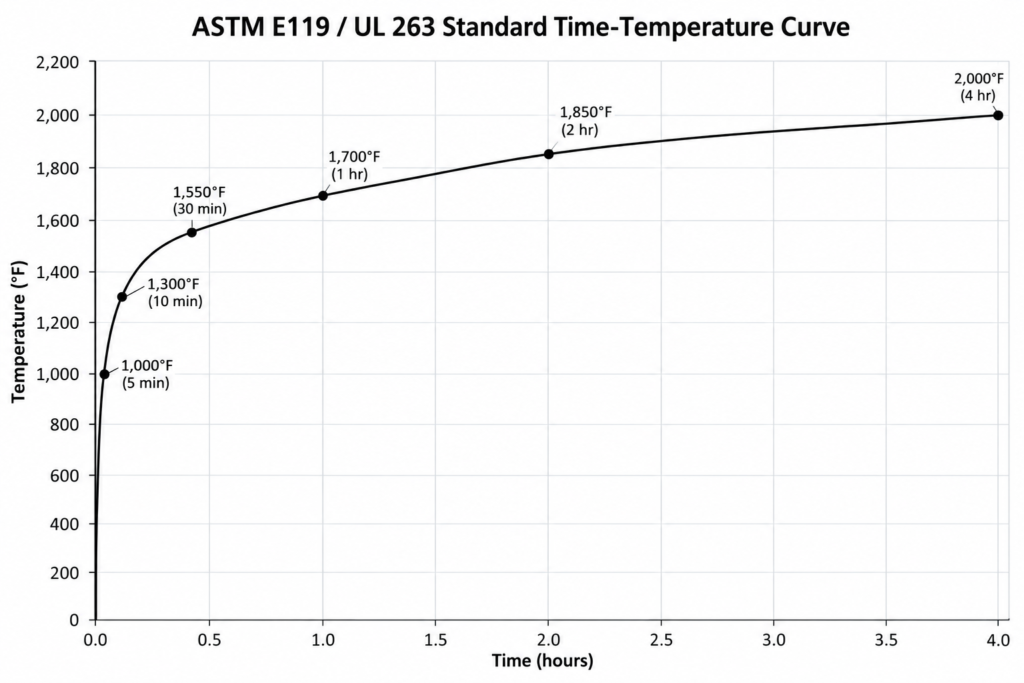 ASTM E119 standard time-temperature curve for fire resistance testing showing temperature rise over time