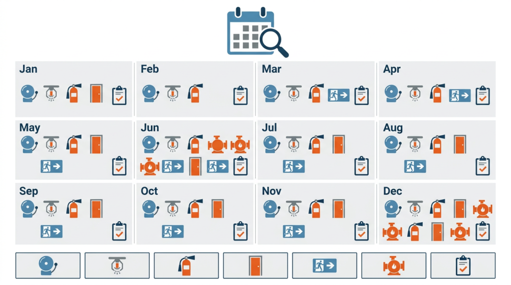 Annual inspection calendar showing monthly fire protection system inspections across a 12-month grid
