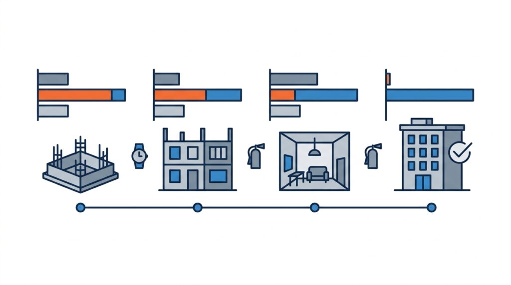 Construction fire safety plan phases showing temporary to permanent fire protection progression