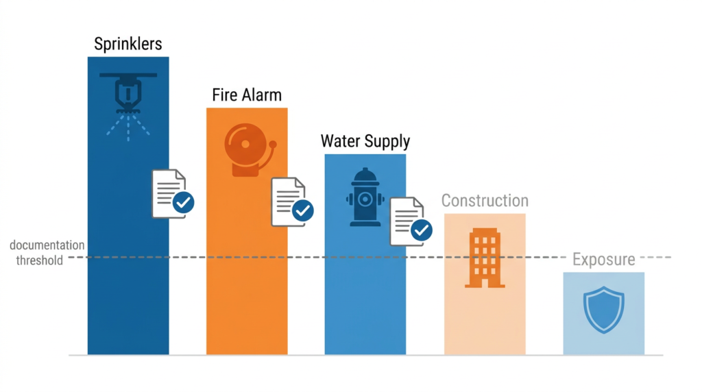 Fire protection insurance credit categories with documentation threshold showing sprinklers and alarm credits