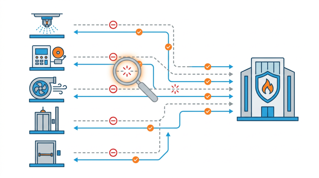 Diagram showing fire protection system interfaces verified by integrated testing