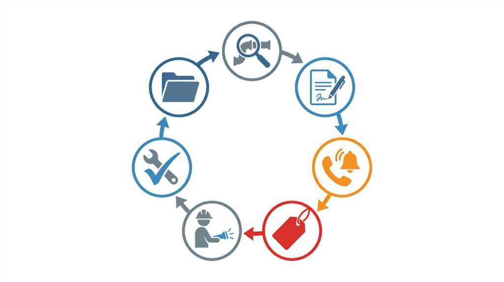 Impairment management process flow diagram with seven stages from recognition to documentation