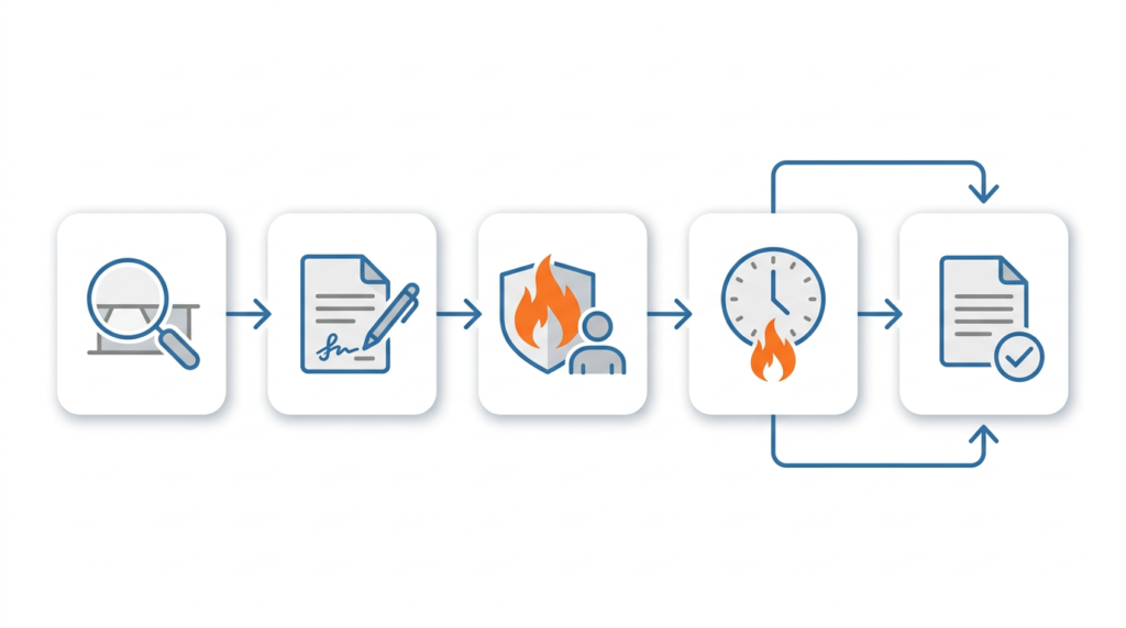 Hot work permit process flow diagram from inspection to close-out with post-work fire watch
