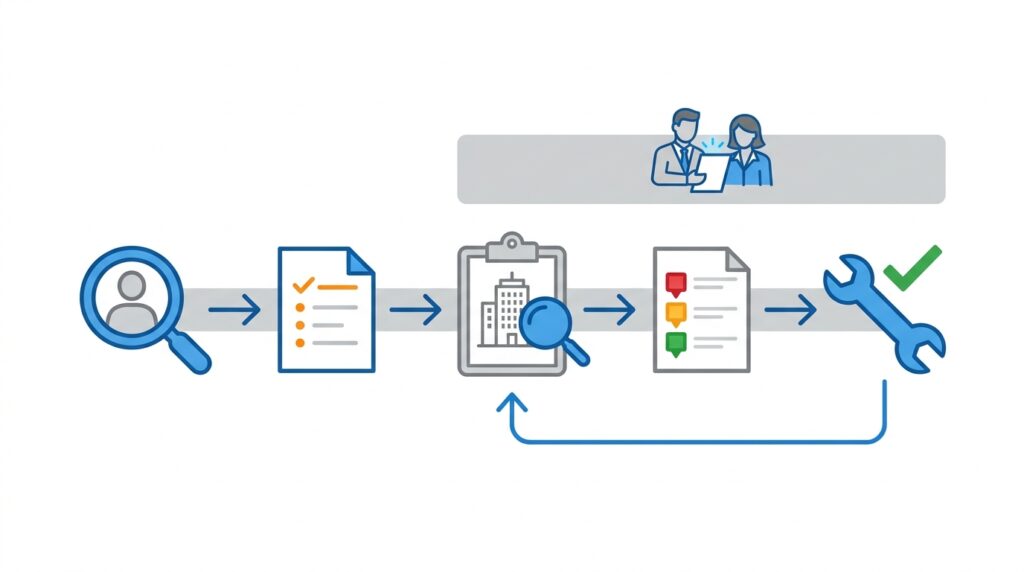 Third-party fire safety audit process flow diagram with five stages and peer review track