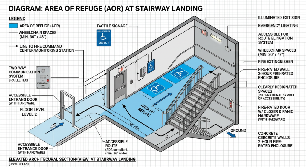 Diagram of area of refuge at stairway landing with accessible route and communication