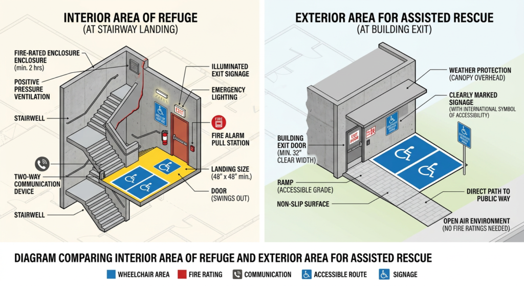 Diagram comparing interior area of refuge and exterior area for assisted rescue