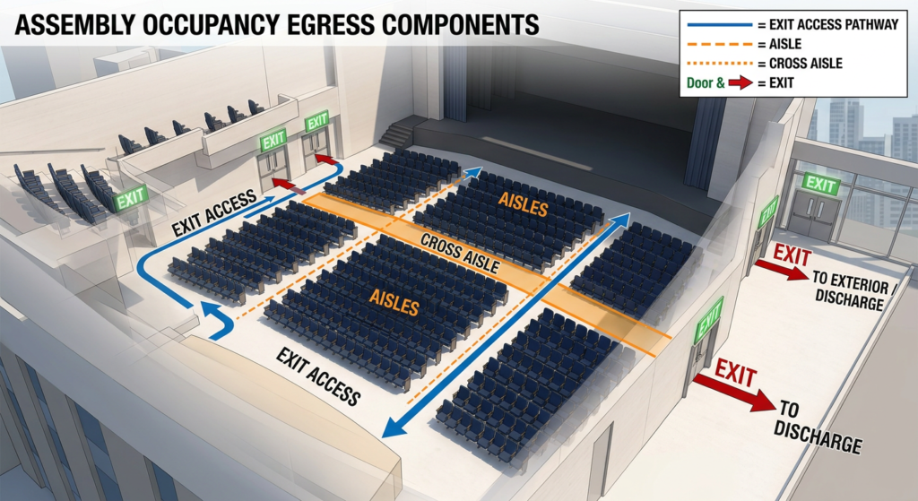 Diagram showing assembly occupancy egress components including aisles and exits