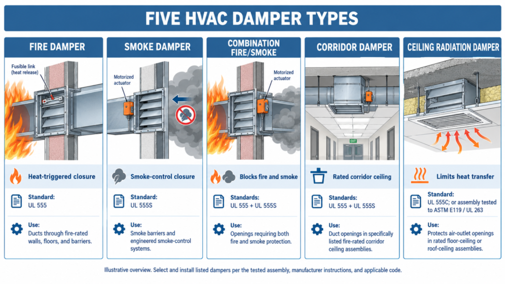 Diagram comparing five damper types with test standards and applications