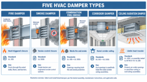 Diagram comparing five damper types with test standards and applications