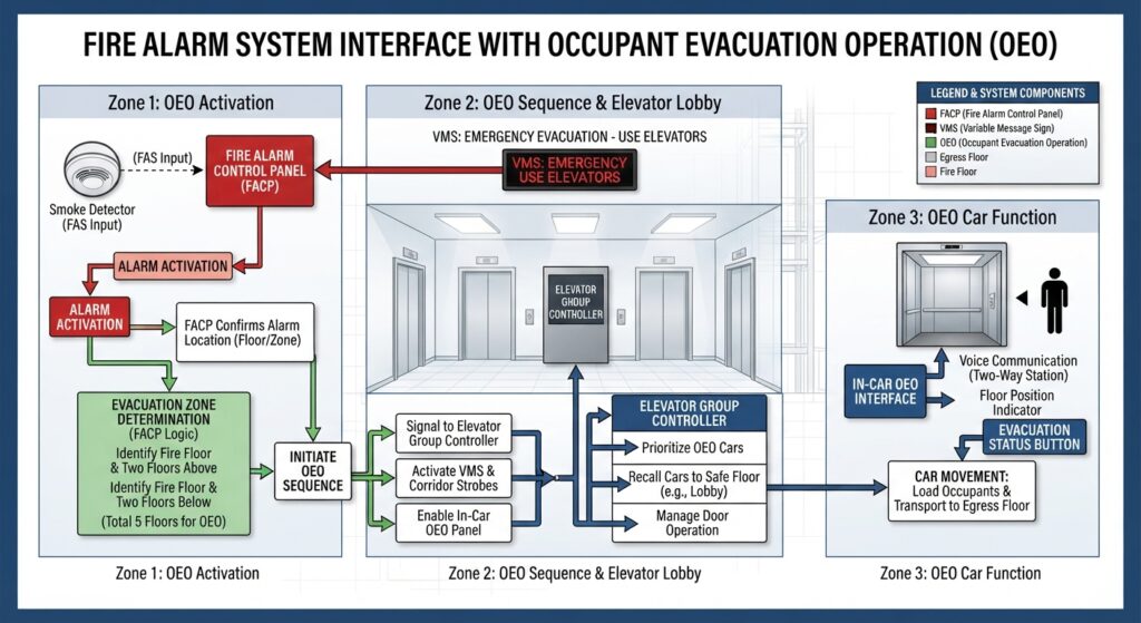 Diagram showing fire alarm system interface with elevator occupant evacuation operation