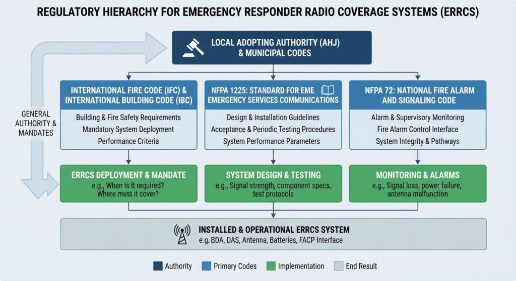 Diagram showing ERRCS regulatory framework from IFC and IBC to NFPA 1225 and NFPA 72