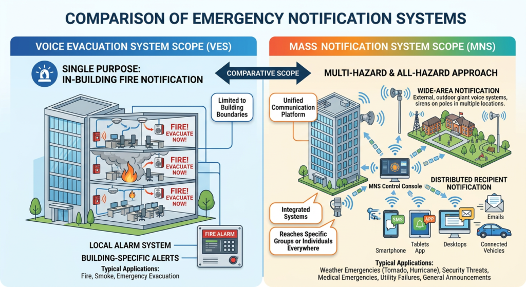 Diagram comparing voice evacuation and mass notification system scope