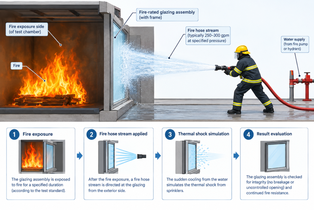 Diagram of hose stream test for fire-rated glazing showing water spray on heated assembly