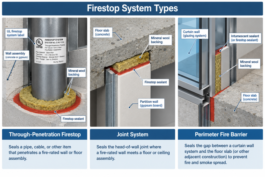 Diagram showing through-penetration, joint, and perimeter firestop system types