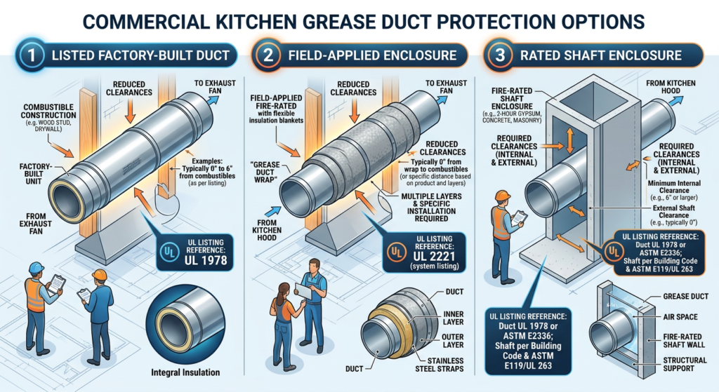 Diagram of factory-built, field-applied, and shaft-enclosed grease duct protection options