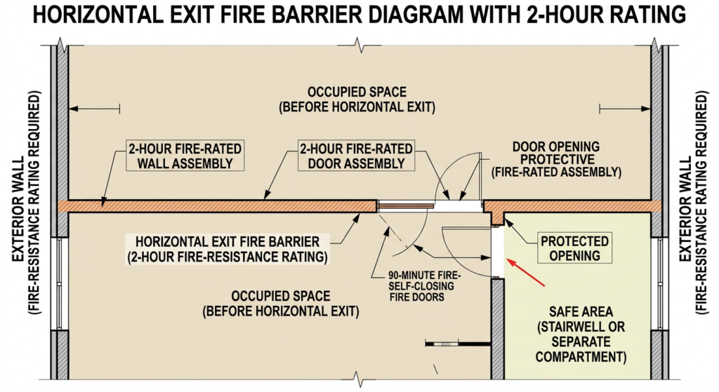 Diagram of horizontal exit fire barrier with 2-hour rating and protected openings