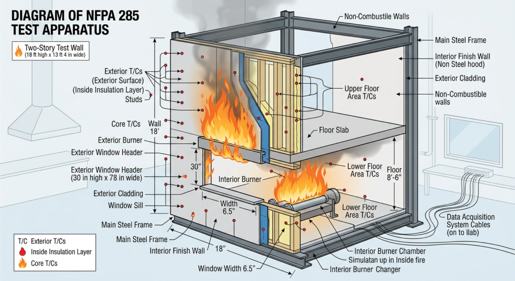 NFPA 285 test apparatus showing two-story wall assembly with window burner