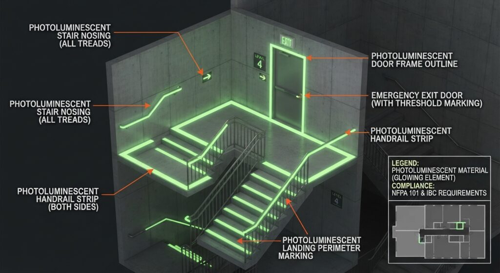 Diagram showing photoluminescent marking locations in exit stairway