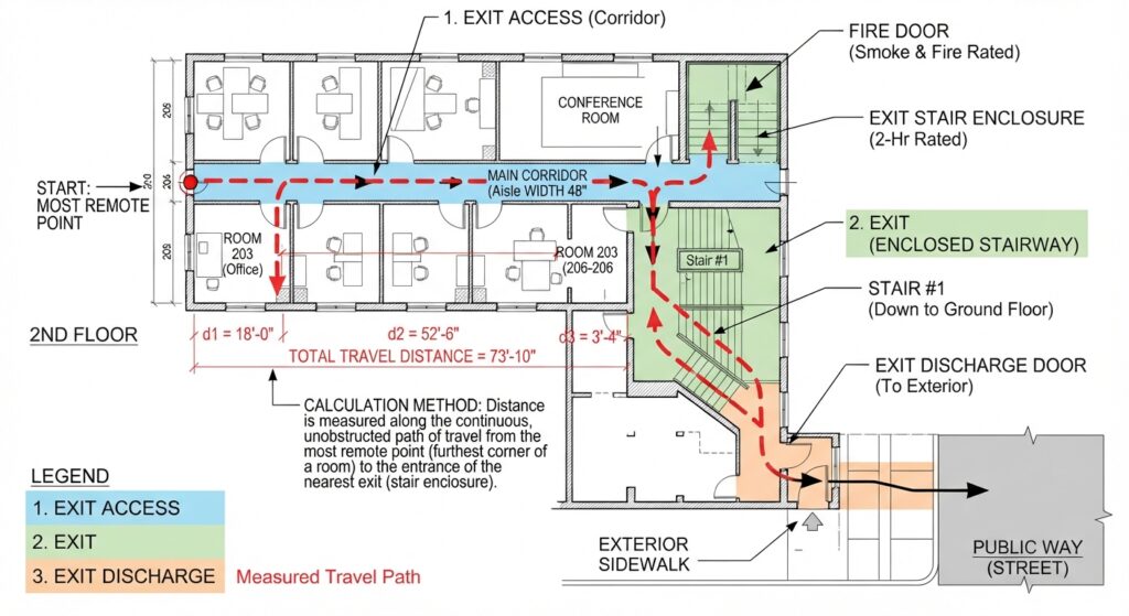 Diagram showing travel distance measurement along natural path of travel to exit