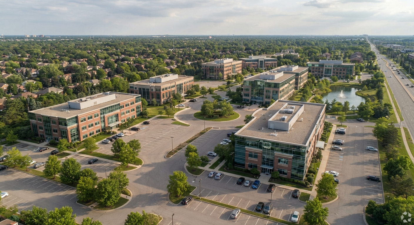 Aerial view of commercial buildings with setbacks