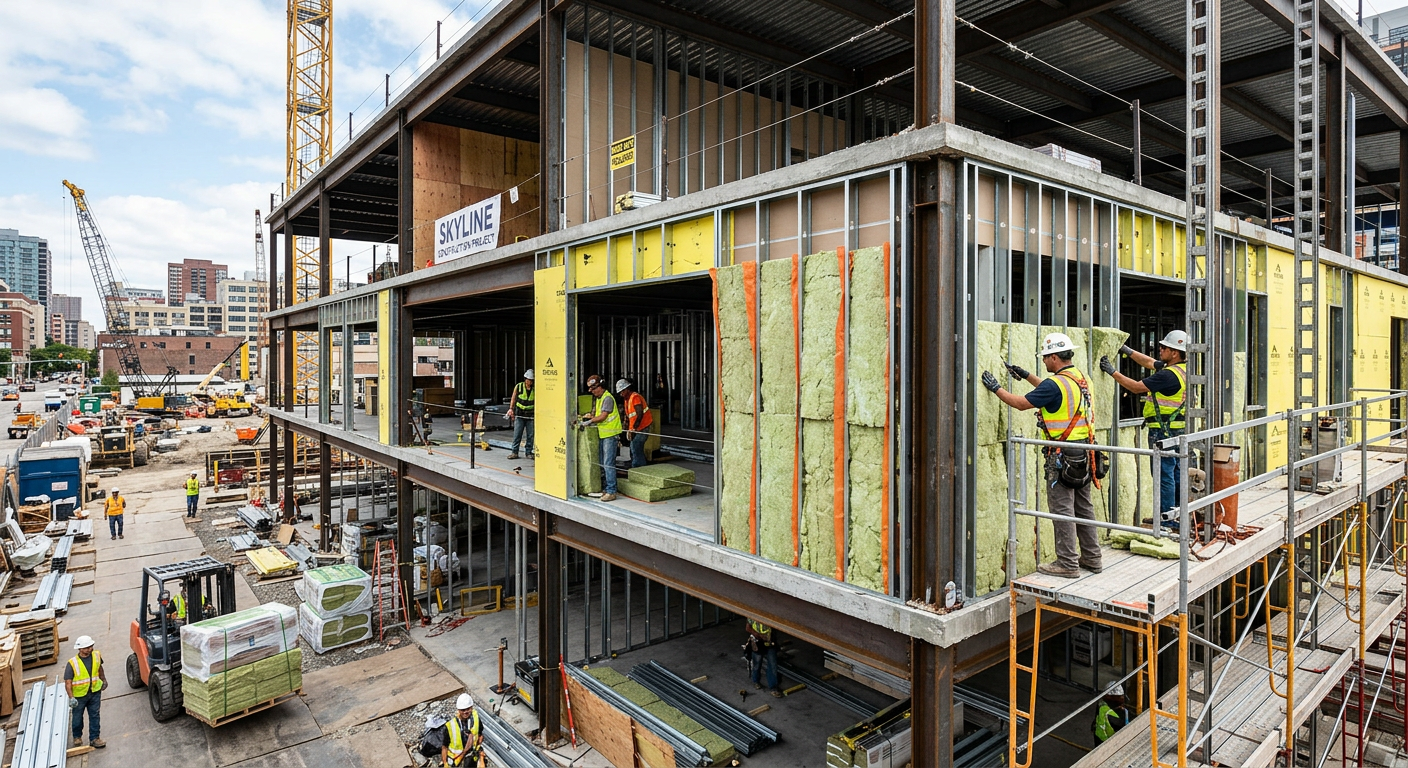 Commercial building under construction with insulation being installed in wall cavities