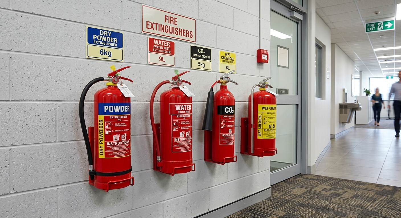 A row of different types of fire extinguishers mounted on a wall in a commercial building