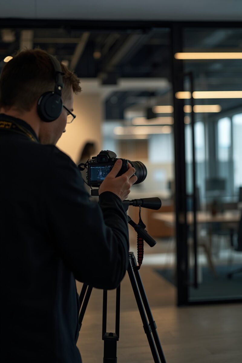 Professional photographer shooting a modern office interior with a camera on a tripod