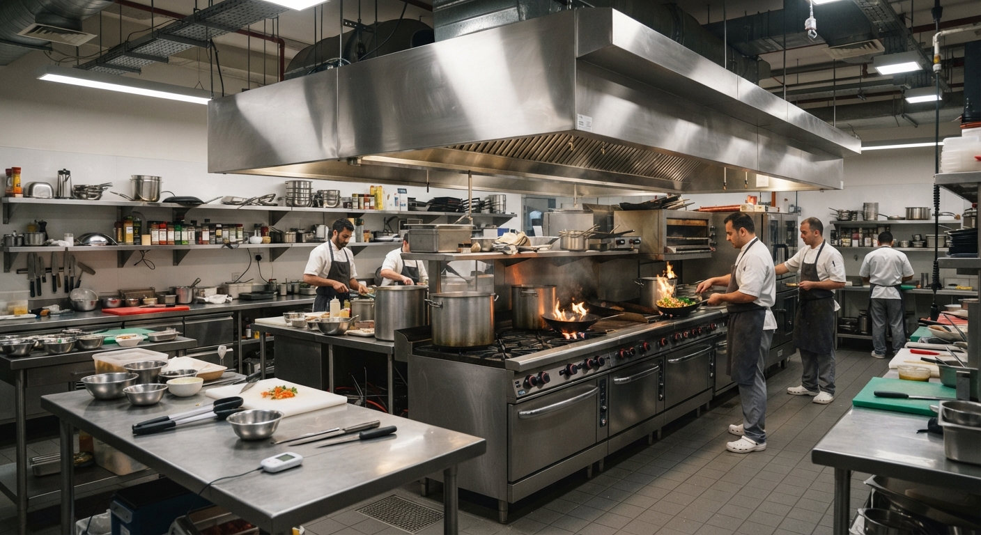 Modern commercial kitchen with stainless steel appliances and ventilation hoods