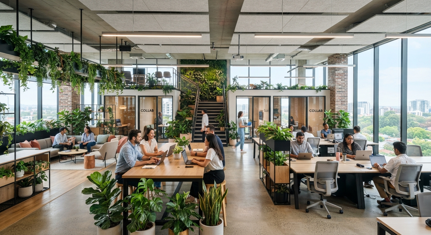 Modern open-plan office with natural light, plants, and collaborative workspaces