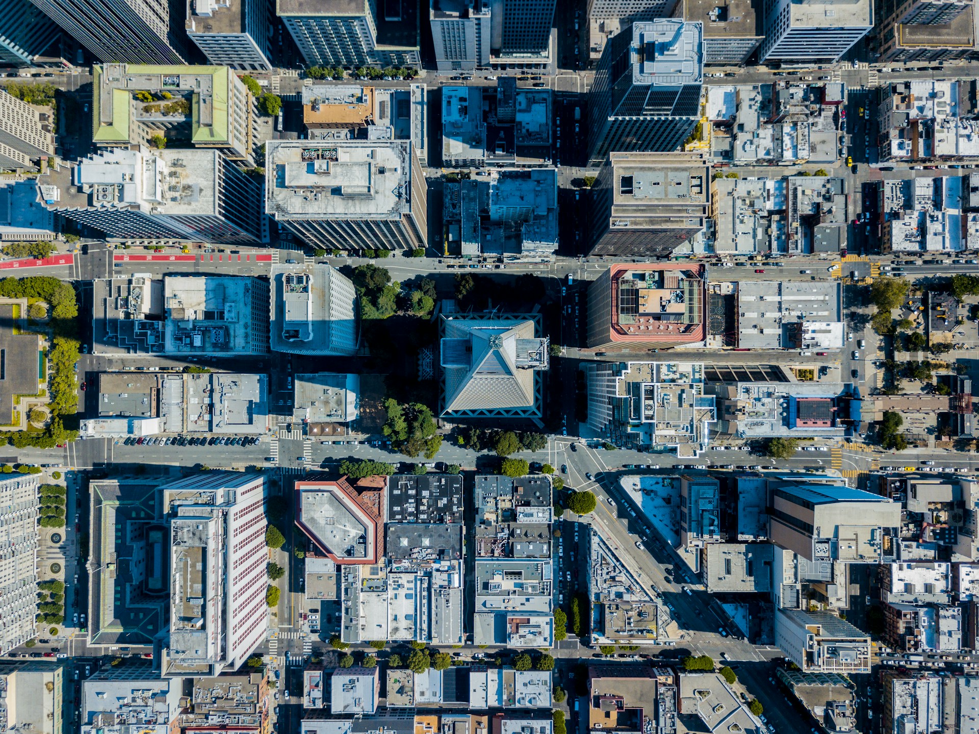 Aerial view of commercial buildings with setbacks