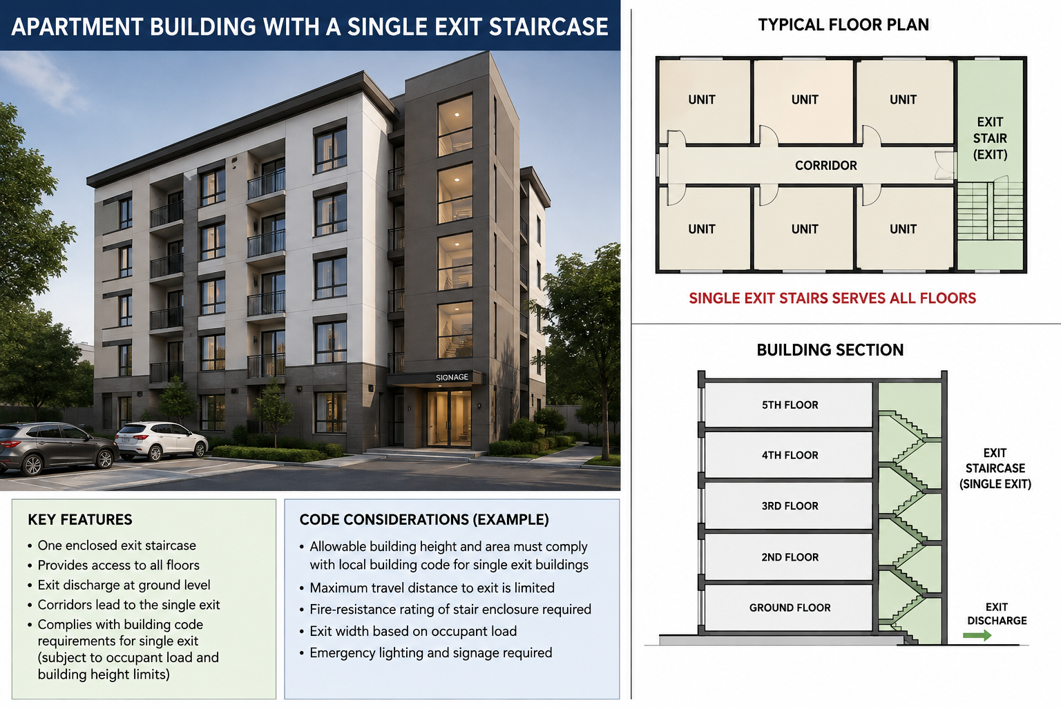 Single Exit Staircase Provisions for Apartments and Penthouses (NFPA 101 / QCDD)