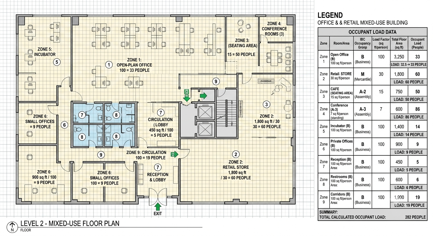 Building floor plan with occupant load calculations marked