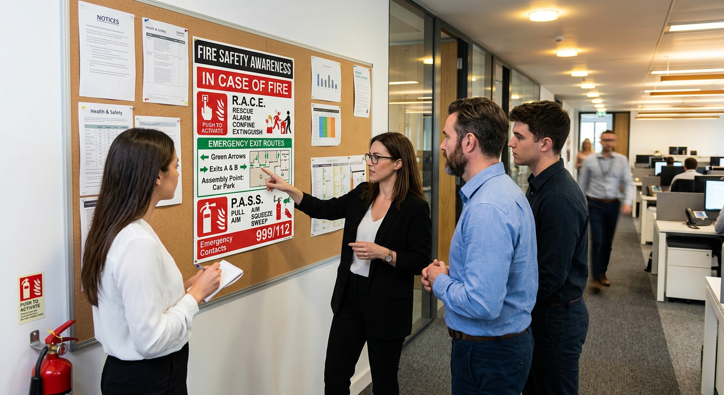Office workers looking at a fire safety awareness poster