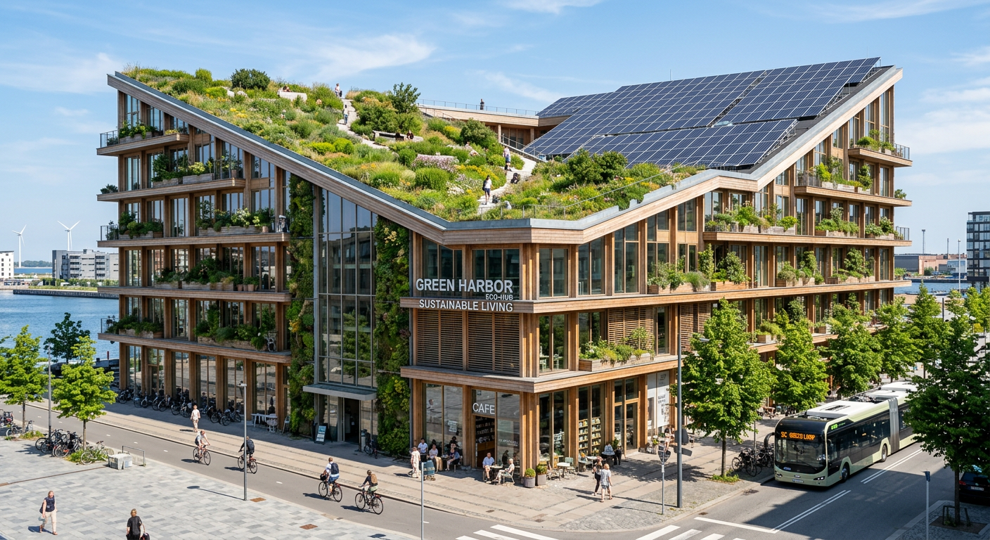 Modern green commercial building with solar panels and green roof