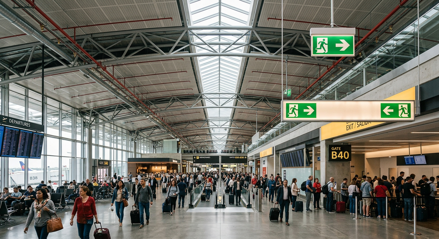 Airport terminal interior with sprinklers, exit signage, and high occupant load