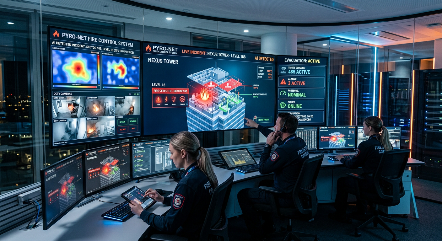 Modern fire safety control room with AI detection and digital building monitoring displays
