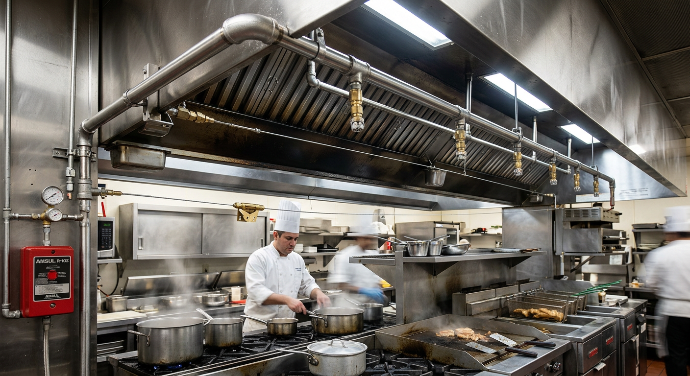 Commercial kitchen hood with suppression system piping and nozzles