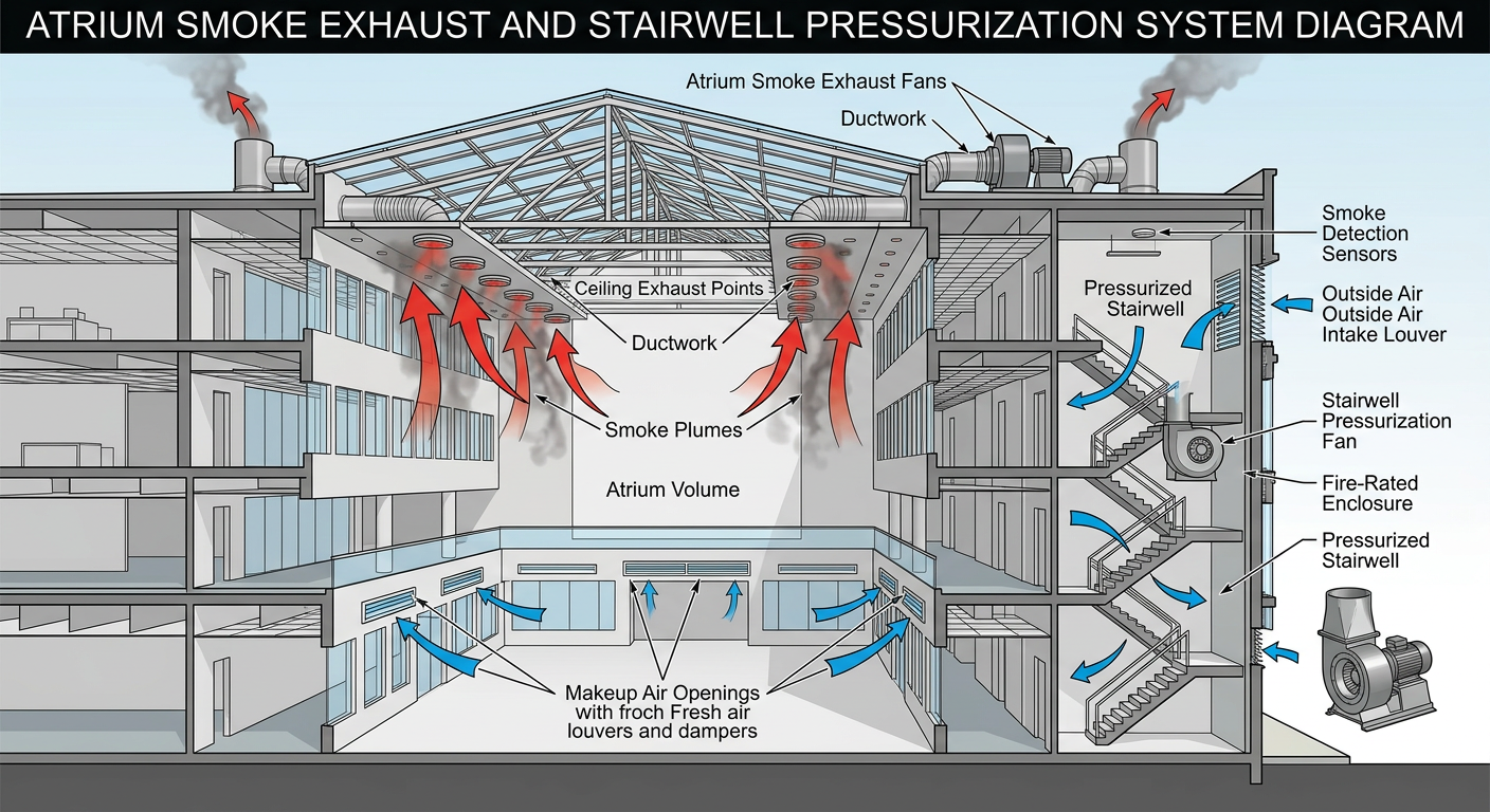 Atrium smoke exhaust and stairwell pressurization smoke control system