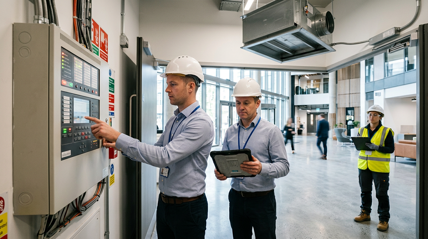 Commissioning engineers testing fire alarm and smoke control systems during building commissioning