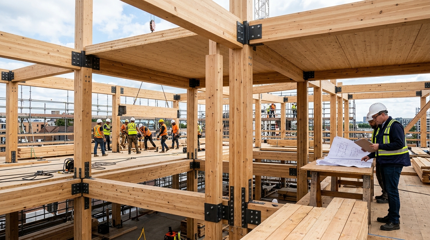 Mass timber construction showing exposed CLT floor panels and glulam structural members