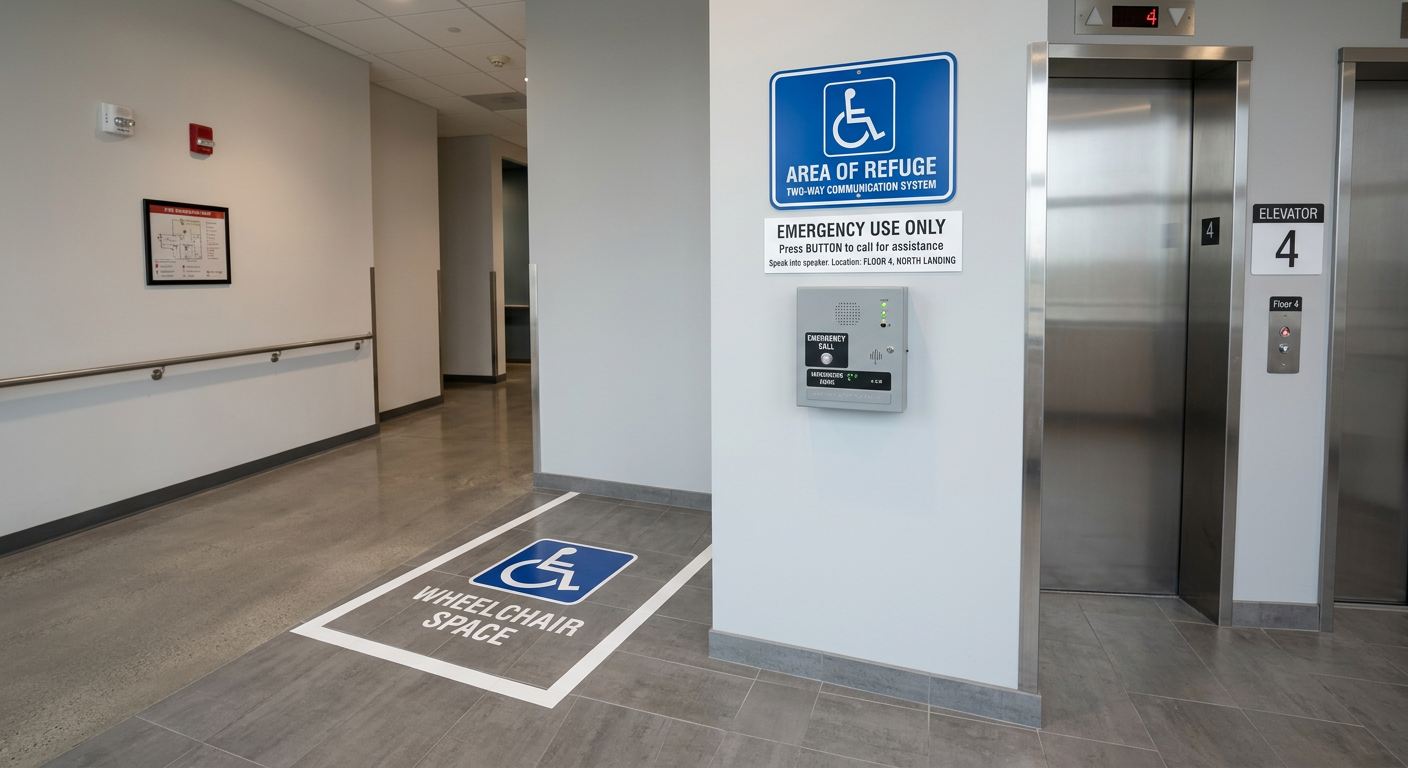 Area of refuge at an elevator landing with two-way communication and accessible signage