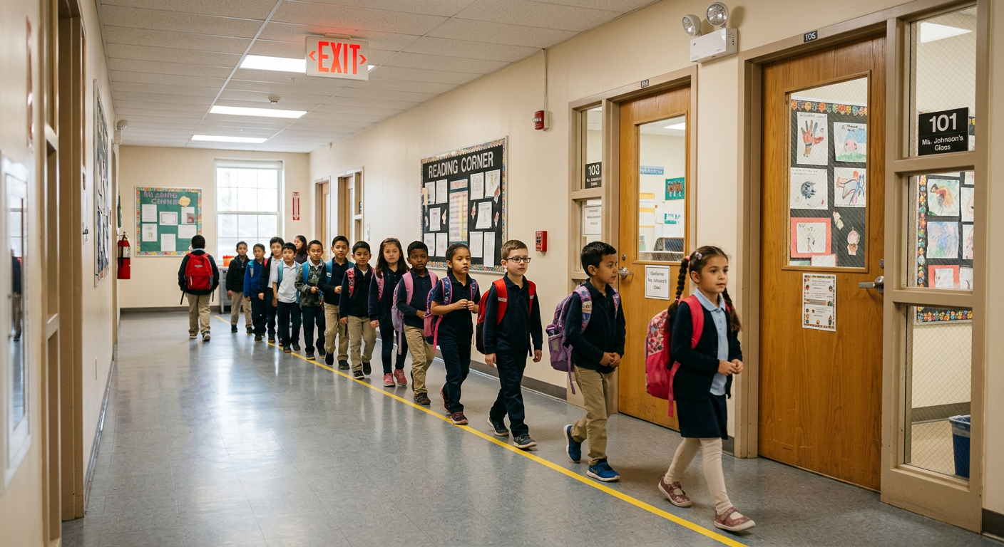 Elementary school corridor with exit signage and classroom doors